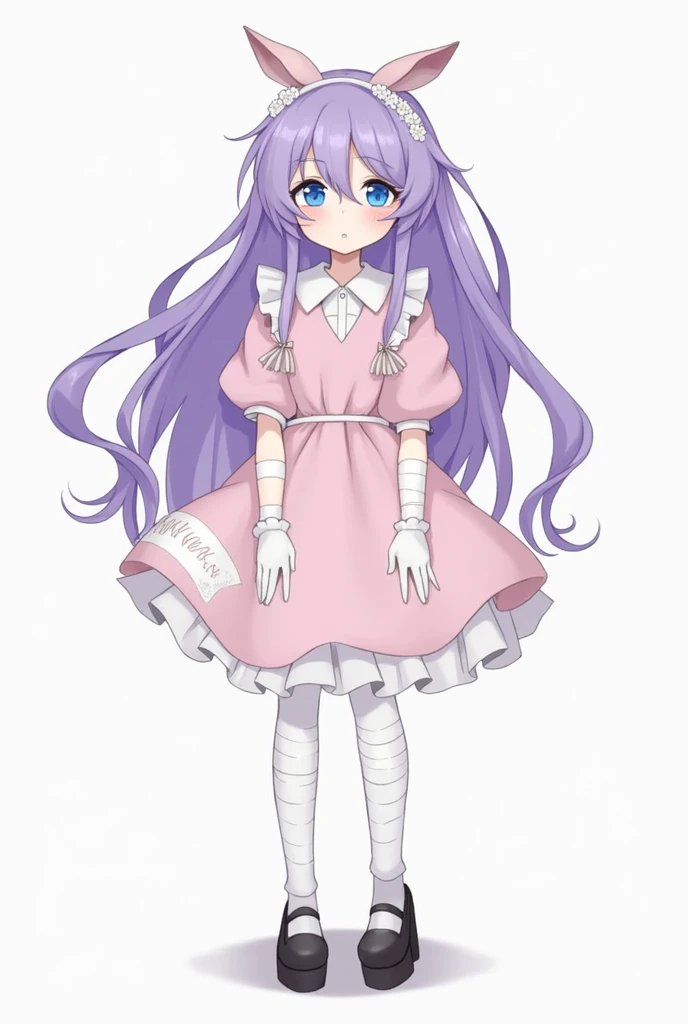 An anime manga style girl with blue eyes, pale skin, eyes with dark circles and , pastel pink dress with white, white gloves, bandages on his body, white medium tights and black shoes long purple hair cutecore style