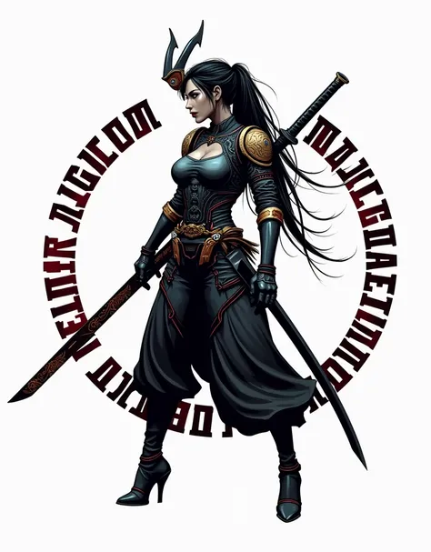 logo like poster, A badass “cyberpunk samurai” with one sword with some “wayang” ornaments "Typical Javanese traditions behind it, as well as Japanese elements , with the words "SAUDARA RANTAU MAGETAN JAPAN" arranged in a circle around her. (simple backgro...