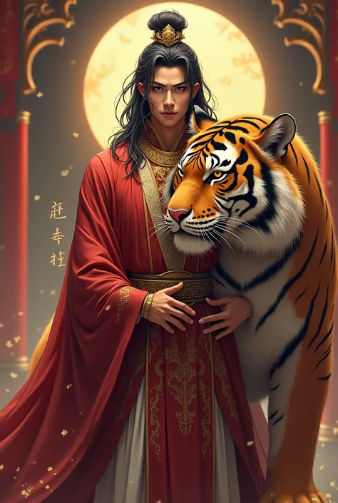 character design, Anime style, realism, best quality, eastern prince, against the backdrop of the royal chambers, tanned skin, black hair, gold jewelry, yellow eyes, many details, stylized, hugs a big tiger