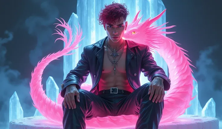 sitting down with a with a glowing pink dragon coiled around a male with translucent leather outfit with high boots ,illuminating the scene with its ethereal light, A blasian Korean pale skin male, wet curly hair dyed red and black highlights with a neat f...