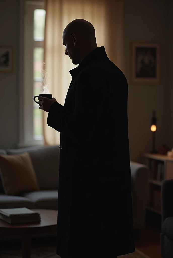 Man dressed in black from behind in his living room carrying a cup of coffee
