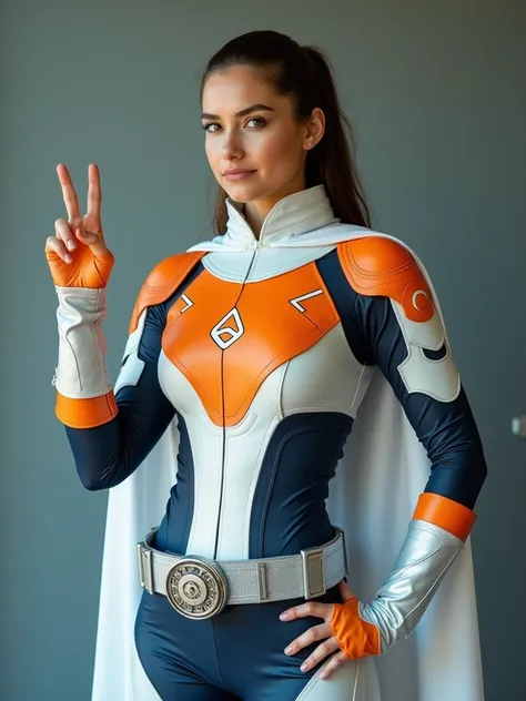 a woman standing confidently in what appears to be a futuristic or superhero-themed costume. Her attire is a vibrant mix of white, orange, blue, and silver, giving off the impression of armor or a space suit designed for both protection and agility. The su...