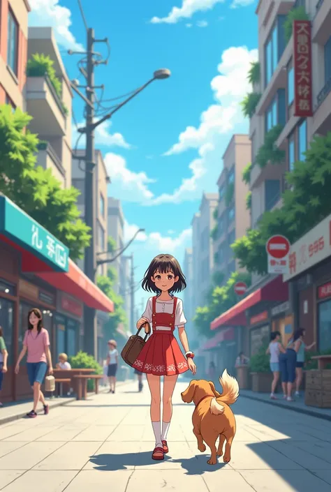 a woman and a dog walking in the city and the dog got hungry so the woman took the food of the dog to make it eat in a anime style