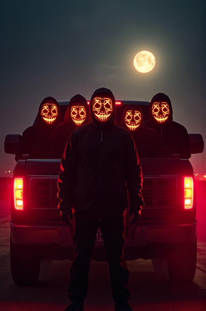 Make a picture from the movie the purge with the purge light up masks in a group with a truck behind for a Halloween party flyer , do it in the best possible quality and 