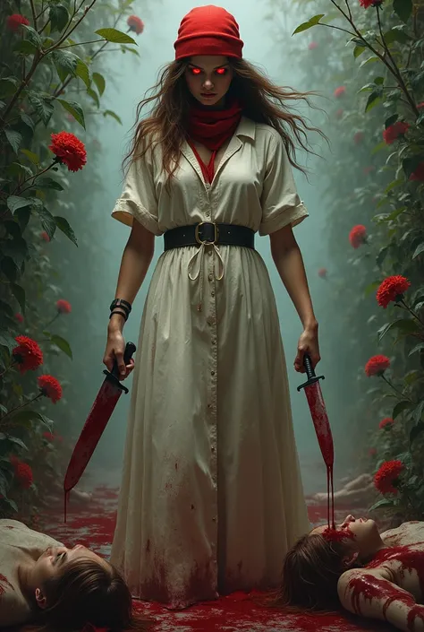 I would like a woman with brown hair, a red beanie around her neck, and glowing scarlet eyes. She holds a bloody knife in her hand, licking the blade. She wears a white gardeners outfit, but its stained with blood. In the background, there are bodies left ...