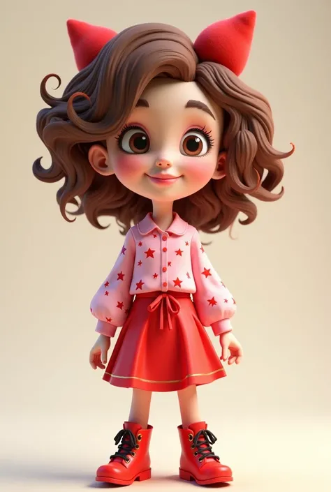 appearance:
A teenager with a mesomorphic complexion and light skin, brown eyes with a red tint, Light brown curly hair with some red highlights and golden highlights.

outfit:
A pink blouse adorned with bright red stars, a red skirt with a bright red ribb...