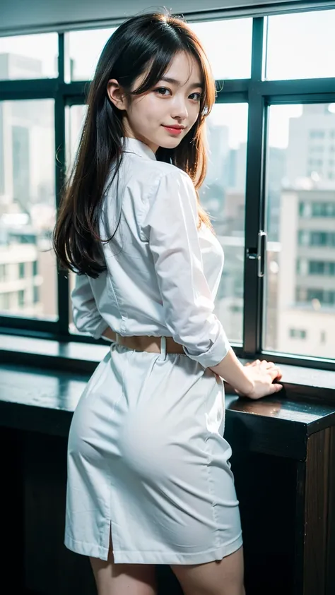 (8k、RAW Photos、Best Quality、masterpiece:1.2)、(Realistic、Realistic)、1 girl、((office lady:1.2、Thin legs、whole body、View from the front、smile、Looking into the camera、Stand with your back turned))、cute、Dress shirt and white tight skirt