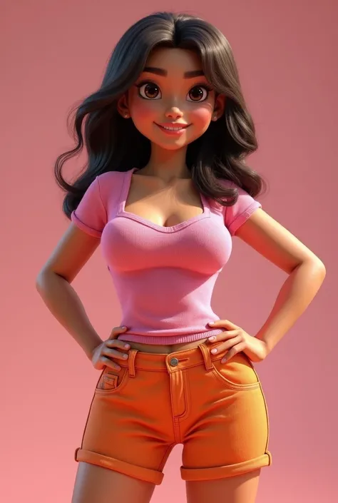 Isabela Merced as Dora,standing proud, tight pink shirt, orange shorts, smiling, large breasts, (skin texture:1.1), (high detail face:1.1), high detail body, high detail clotheasterpiece), (realistic), ultra high definition, 4k, ultra high resolution,all h...