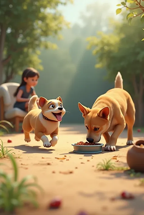 theres one dog running to dog who is eating with its food beside of a woman, it wanted to join eating.