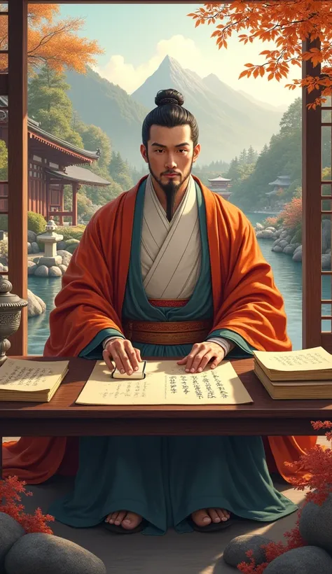 A realistic and dignified portrayal of Sugawara no Michizane (Sugawara no Michizane), the revered god of learning, scholarship, and wisdom, seated in a peaceful garden filled with ancient Japanese scrolls and books. His traditional Heian-period court attir...