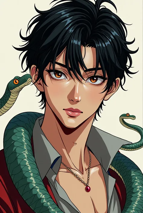 Manga style snake-young man gorgeous expressive beautiful  eyes, sexy