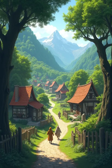 A village on a forest with couple of people walking on the streets and the villages sourounded by large trees and a view with some mountains 