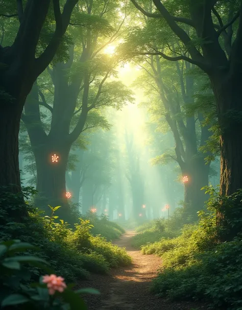 A grand forest, mystical atmosphere, early morning light, abundant greenery, cities in various colors in the background, (best quality, 4k, 8k, high resolution, masterpiece:1.2), ultra-detailed, realistic, vibrant colors, soft golden light filtering throug...