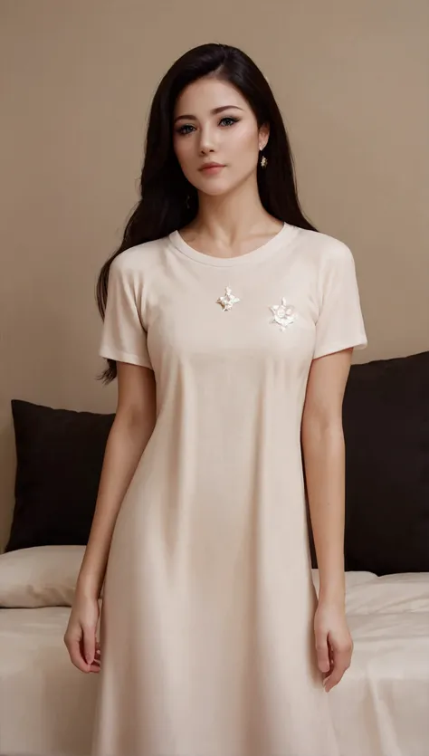 score_9, score_8_up, score_7_up, (masterpiece, realistic, best quality, ultra detailed), t-shirt dress, long hair, bedroom