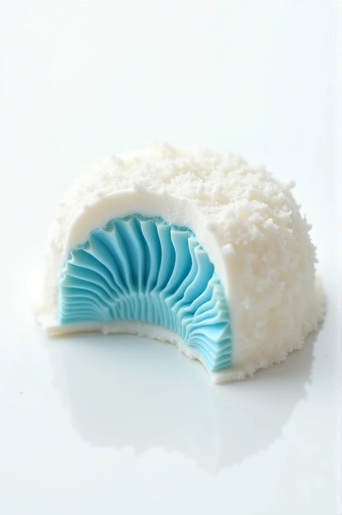 A prestigious sweet,open with one bite,white background,inside of white coconut candy.
high definition,details in the sweet,ruffled blue,very sharp intense shine