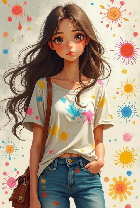 Imagine a 1 girl with long, flowing hair and bright, expressive eyes. She’s often seen with a sketchbook tucked under her arm, wearing comfortable, artistic clothing—maybe a paint-splattered T-shirt and jeans. Around her, you might see vibrant doodles and ...