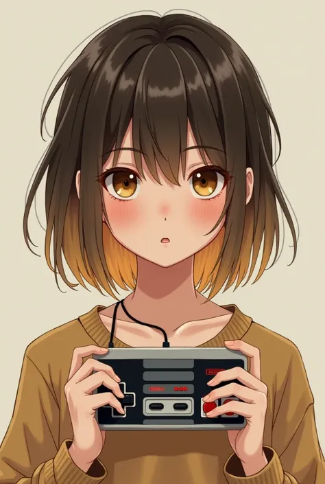 A boy with a slightly feminine facial features, with straight hair down to her shoulders and dark brown roots, the rest of the hair blonde, with honey-colored eyes/coffee and a Nintendo console in hand 
