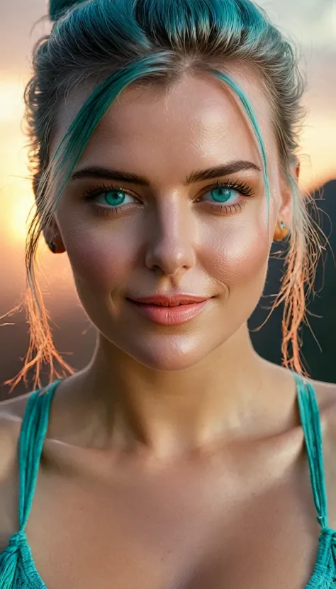 generate a hyperdetailed realistic close up portrait photo of nia a beautiful woman with (turquoise colored eyes), her expressio...