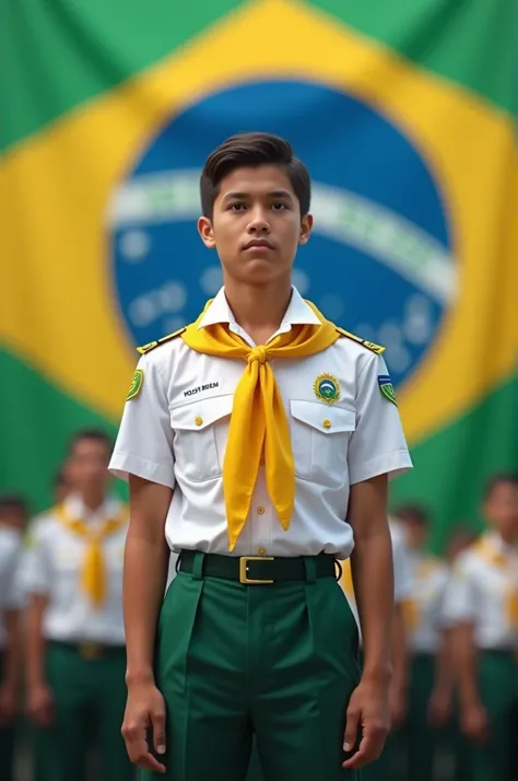 Image with a sentence written in Portuguese "Happy National Pathfinder Day". A Brazilian flag in the background and a teenager standing at attention with a yellow scout scarf around his neck, white dress shirt and petroleum green dress pants