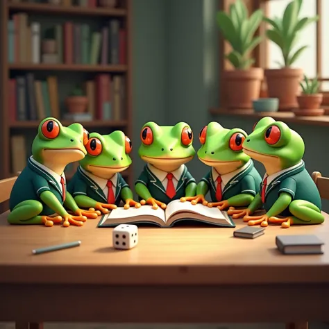 5 green frogs sit at a table in school and read a book together, a dice lies on the table 