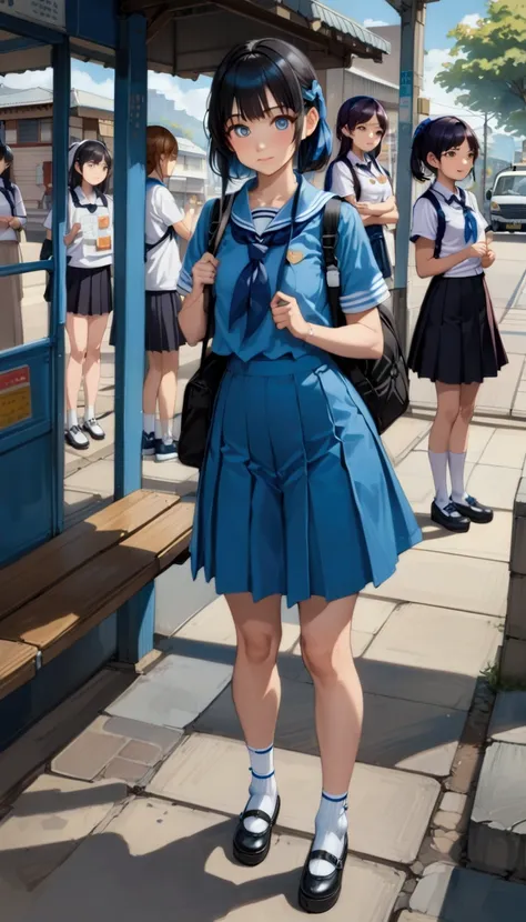 realistic anime illustration of adorable young girl at bus stop, carrying black backpack, she has black pixie cut hair, wearing azure-blue collared shirt with dark-blue neckerchief, azure-blue  pleated pencil long skirt, white socks and black mary-jane sho...