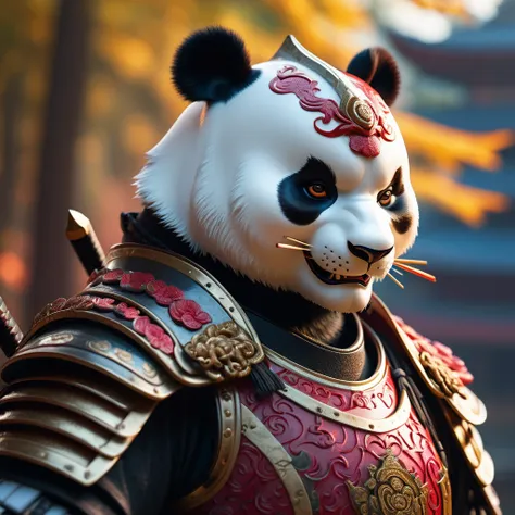 humanoid panda samurai, close up, powerful, graceful, striking, dramatic lighting, vibrant colors, intricate details, 1 panda samurai, detailed panda face, detailed samurai armor, confident pose, cinematic composition, moody atmosphere, dramatic shadows, b...