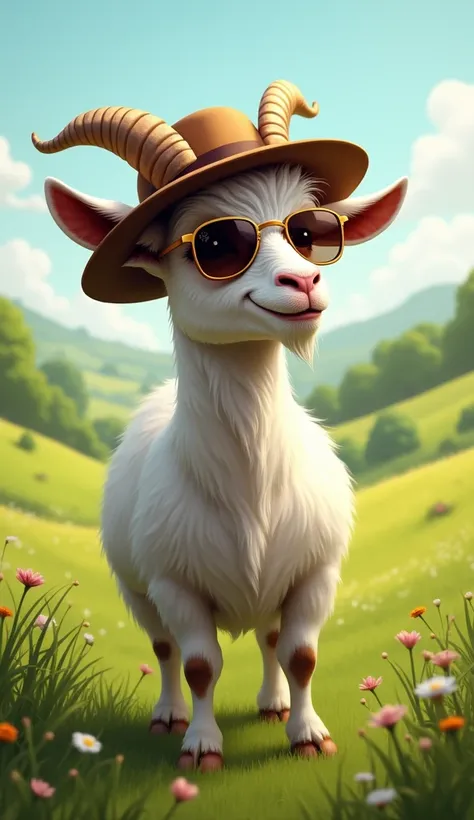 Goat wearing sunglasses and hat in pasture 