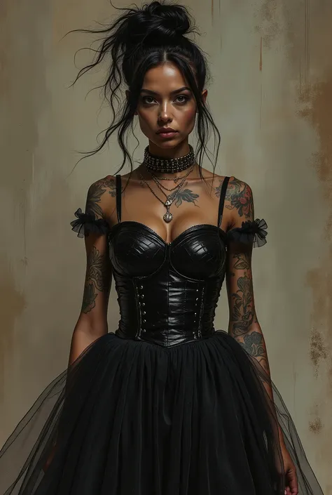 masterpiece, superlative, luxury dress, drawing woman, Dark skin, gray eyes, in worn color, Goddess, warrior, Norman Rockwell style, tattooed, curvy figure, he would be, strong look, streets at night, black color, Dark, Samurai, punk,