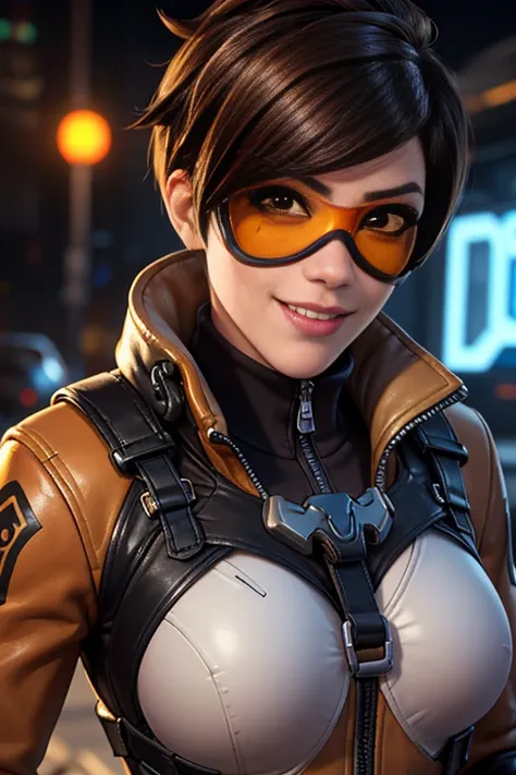 tracerover, 1girl, tracer (overwatch), solo, orange goggles, brown hair, goggles, short hair, spiked hair, brown eyes, upper bod...