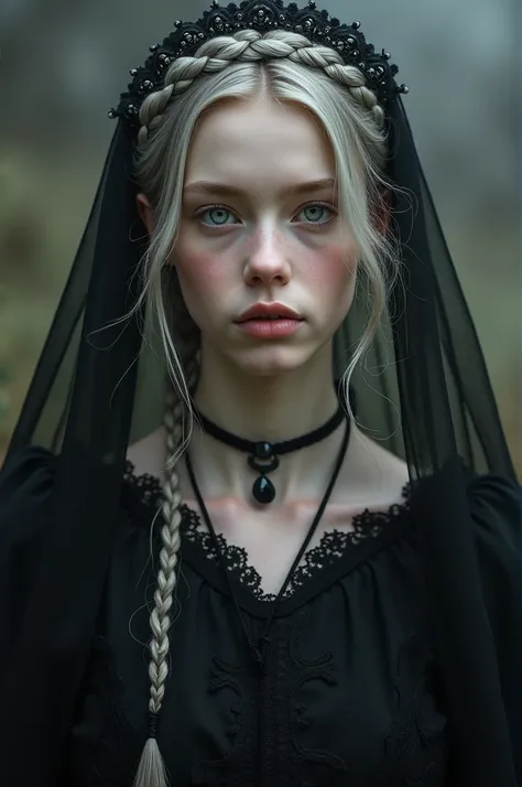 A girl with pale skin, silver hair combed in a milkmaid braid, green eyes, has a melancholic expression, wears a black dress from the year 1400 with black lace, a tiara with small jades, wears a black veil that covers part of her hair and face. The dondo i...