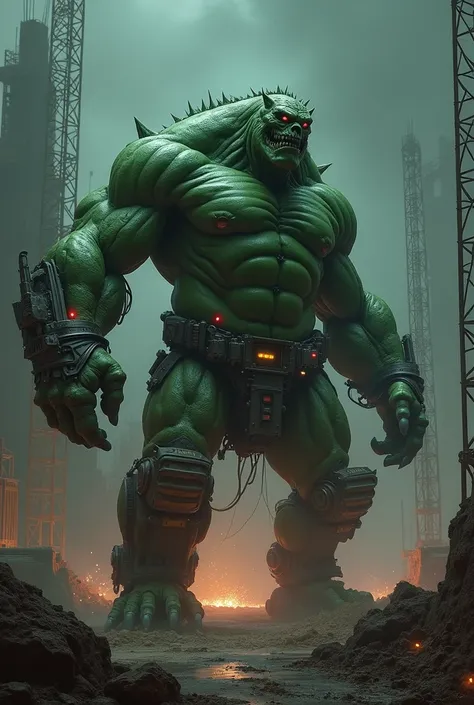  Combine a fierce Hulk and a work machine on a dark construction night 