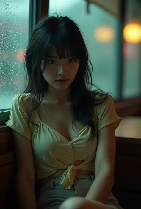 Professional photography, Wong Kar Wai movie lighting style, a charming sorrow Oriental beauty wearing vintage blouse and short pants, she has messy long straight hair, she looking downwards, sitting lean back in corner of restaurant, window with raindrop,...