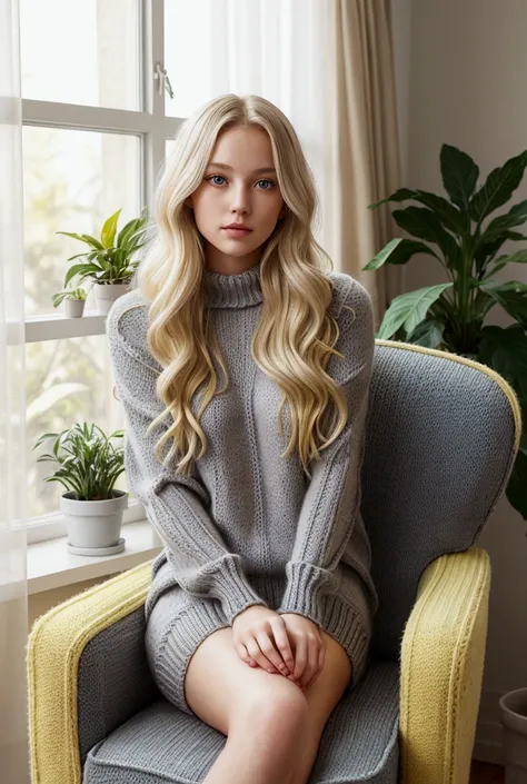 Young woman, long blonde hair, grey eyes, yellow knit jumper, hands down, Sitting in a cozy armchair, window with curtains in the background, green indoor plants, knitting yarn, big balls of blue knitting yarn, 