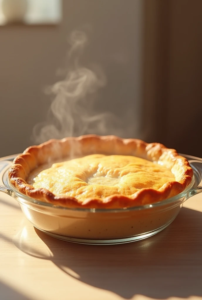 chicken pie in glass dish coming out of the oven. smooth texture