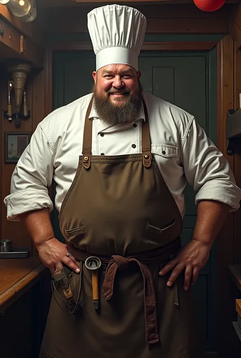 one piece rpg character who is a cook and a giant, he is wearing a chef outfit and this picture is a portrait. this photo was taken on a pirate boat