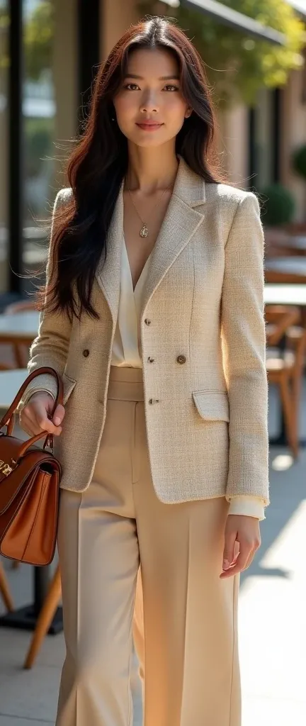 A breathtakingly beautiful woman with long, flowing ebony hair cascading down her back in gentle waves, captivating almond-shaped eyes of deep obsidian, and flawless porcelain skin. She wears a tailored Chanel tweed jacket in cream, paired with high-waiste...