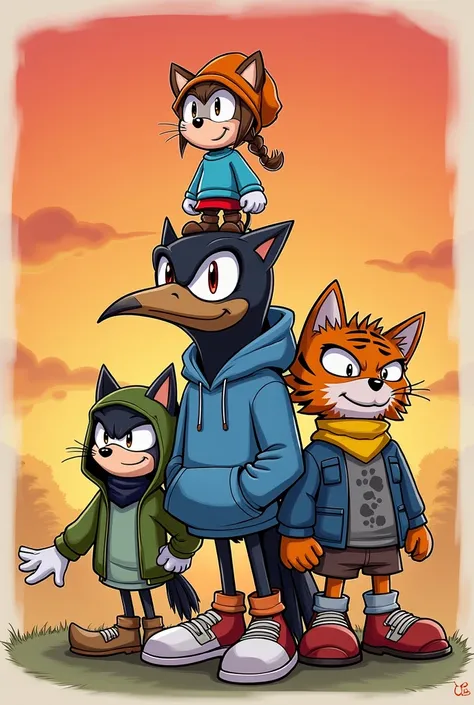 A small shy 30cm anthropomorphic mouse girl with a braid, orange hat, blue sweatshirt, red skirt, brown boots on the head of an anthropomorphic crow with a blue sweatshirt, hood, black scarf, black shorts, grey sneakers with an evil anthropomorphic wolf in...