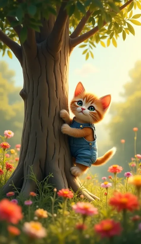 Creat an image of kitten wearing overall clumbing a tall tree in garden with lot of colourfull flowers full of excitement 