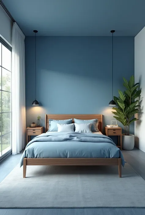 A modern bedroom with a frontal view of a wooden bed frame and matching nightstands, all in a deep, soothing blue. Pendant lights over the side tables provide soft lighting. Large windows to the left allow natural light to fill the space, complemented by e...