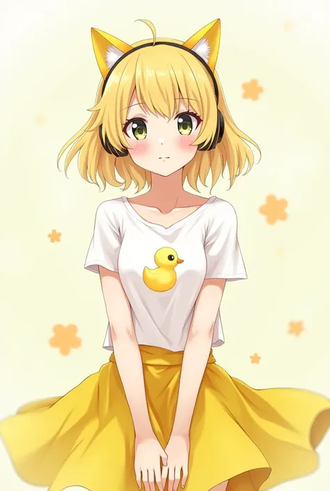 Female anime character blonde hair yellow horns on top of hair and cat headphones on top of hair white skin duck shirt yellow skirts