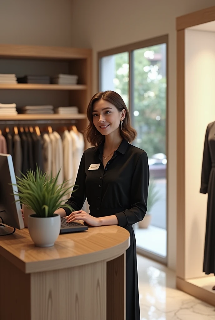 Jessica is standing behind the counter of a trendy, boutique-style clothing store, smiling warmly as she talks to a customer. Jessica has shoulder-length, wavy brown hair, neatly styled, and she’s wearing a sleek black blouse paired with a professional ski...