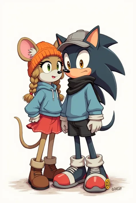 A small 30 cm tall anthropomorphic mouse girl with a braid, an orange hat, a blue sweatshirt, a red skirt, brown boots on the head of an anthropomorphic raven boy with a grey hat, a blue sweatshirt, a black scarf, black shorts, and grey sneakers posing for...