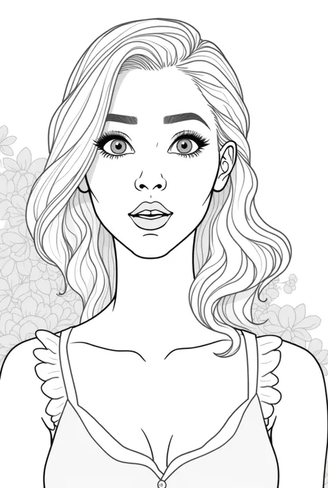 masterpiece, Line art of a female character, Florence Pugh surprised expression, detailed country garden background, Art Deco designs,, style by double exposure, No shading, coloring page, blank space, without shadow,