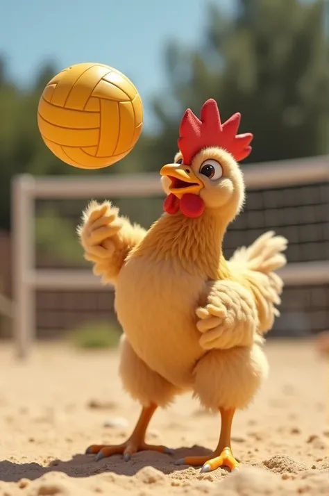 Make a slide of a short curly haired chicken playing funny volleyball

