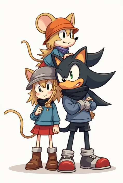 A small 30 cm tall anthropomorphic mouse girl with a braid, an orange hat, a blue sweatshirt, a red skirt, brown boots on the head of an anthropomorphic raven boy with a grey hat, a blue sweatshirt, a black scarf, black shorts, and grey sneakers posing for...