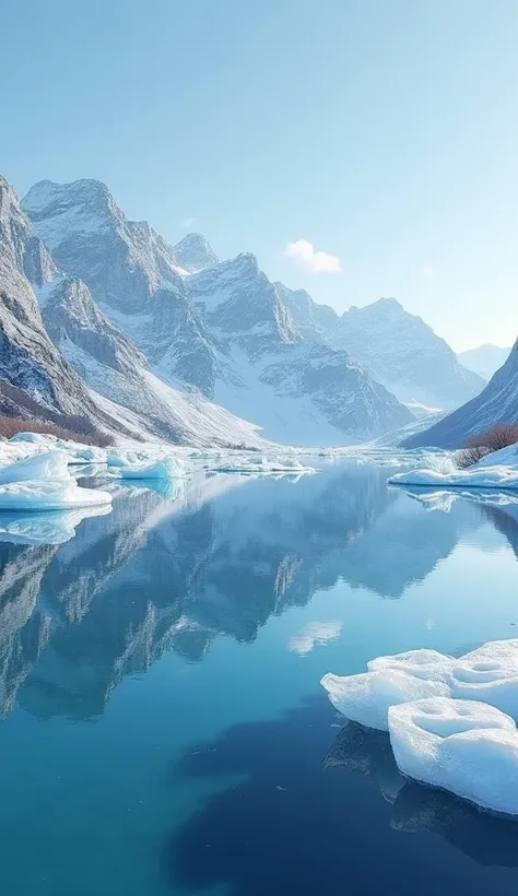 "A stunning winter scene at Lake Baikal, featuring ice formations and a clear blue sky, with the surrounding mountains reflecting in the icy waters."