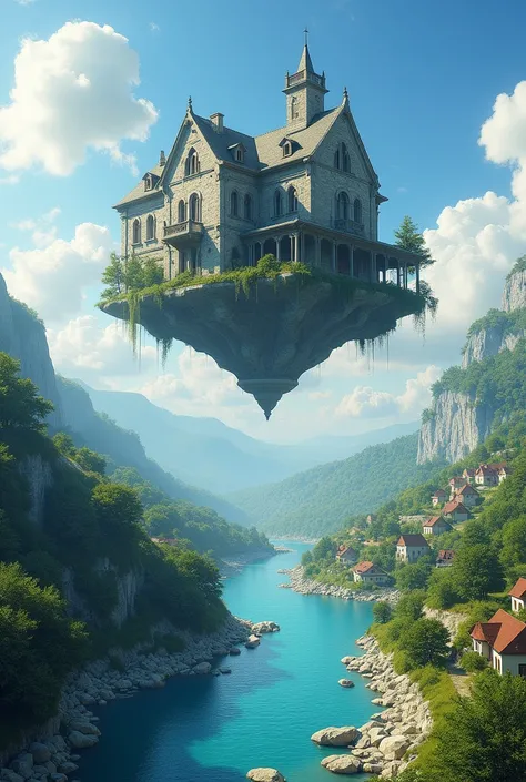 large stone house floating in the air, flying over a landscape with lots of vegetation and some houses, a lake with clear blue water, the edges of the lake are made of white stones, the blue sky with some nimbus clouds, all well lit by the midday sun