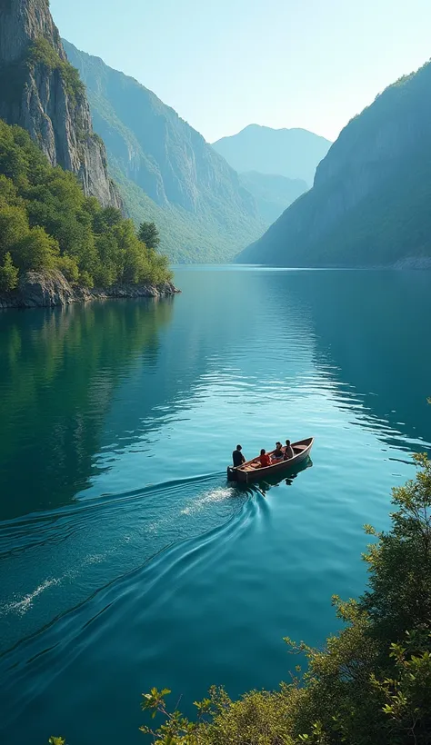 A peaceful summer day at Lake Baikal, showcasing its deep blue waters surrounded by lush green forests and rocky cliffs, with a small boat gliding across the lake."
