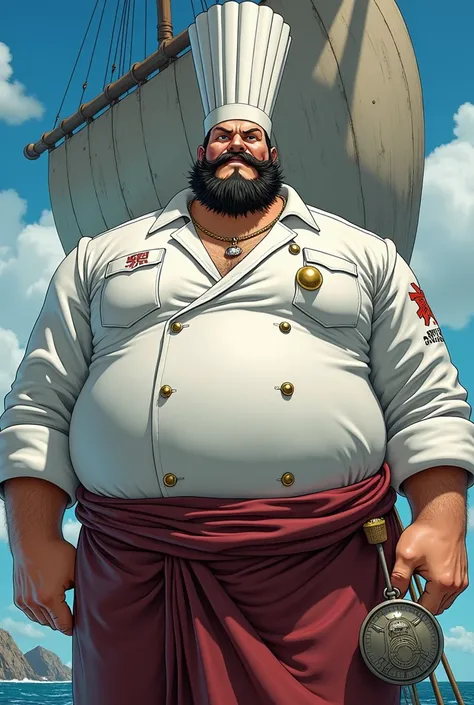 one piece rpg character who is a cook and a giant, he is wearing a chef outfit and this picture is a portrait. this photo was taken on a pirate boat. one piece cartoon style