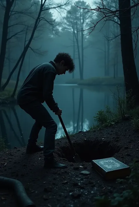 Realistic forest at night with a horror atmosphere, teenage man digging a hole in the ground with a shovel next to a lake in the hole there is an old thick cover book